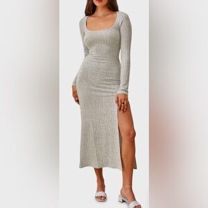 Reformation Lemon Gray Ribbed Bell Sleeves High Split Bodycon Maxi Dress EUC S